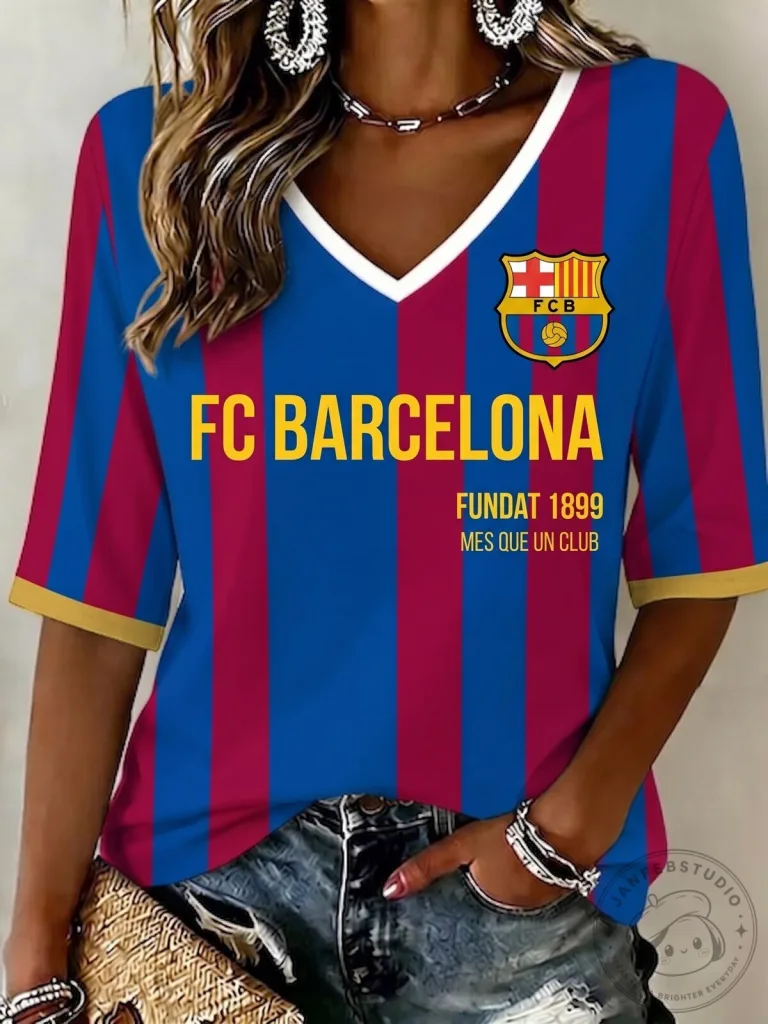 FC Barcelona Football Club Striped V-Neck T-Shirt