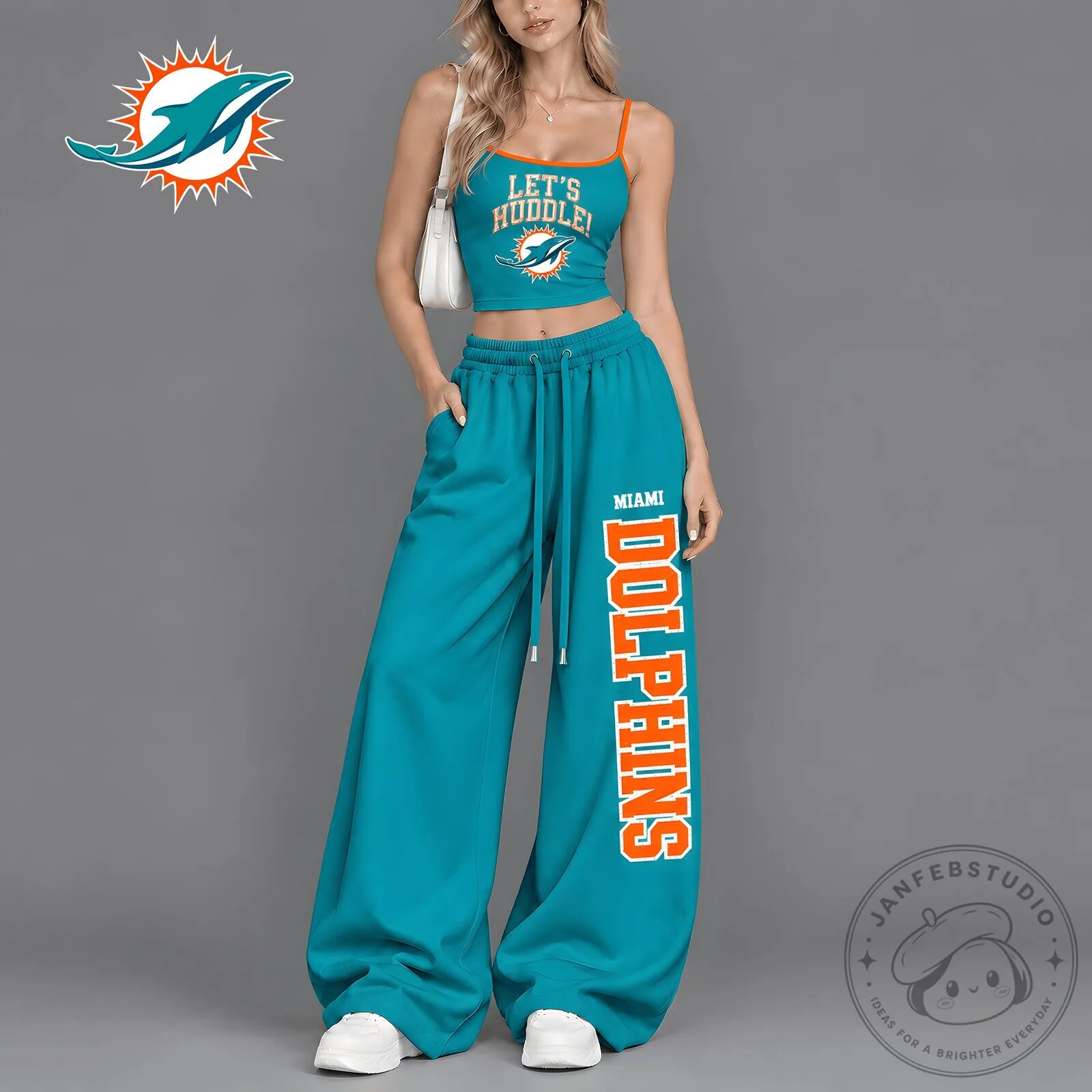Miami Dolphins Let's Huddle Women's Crop Top and Wide Leg Pants Set
