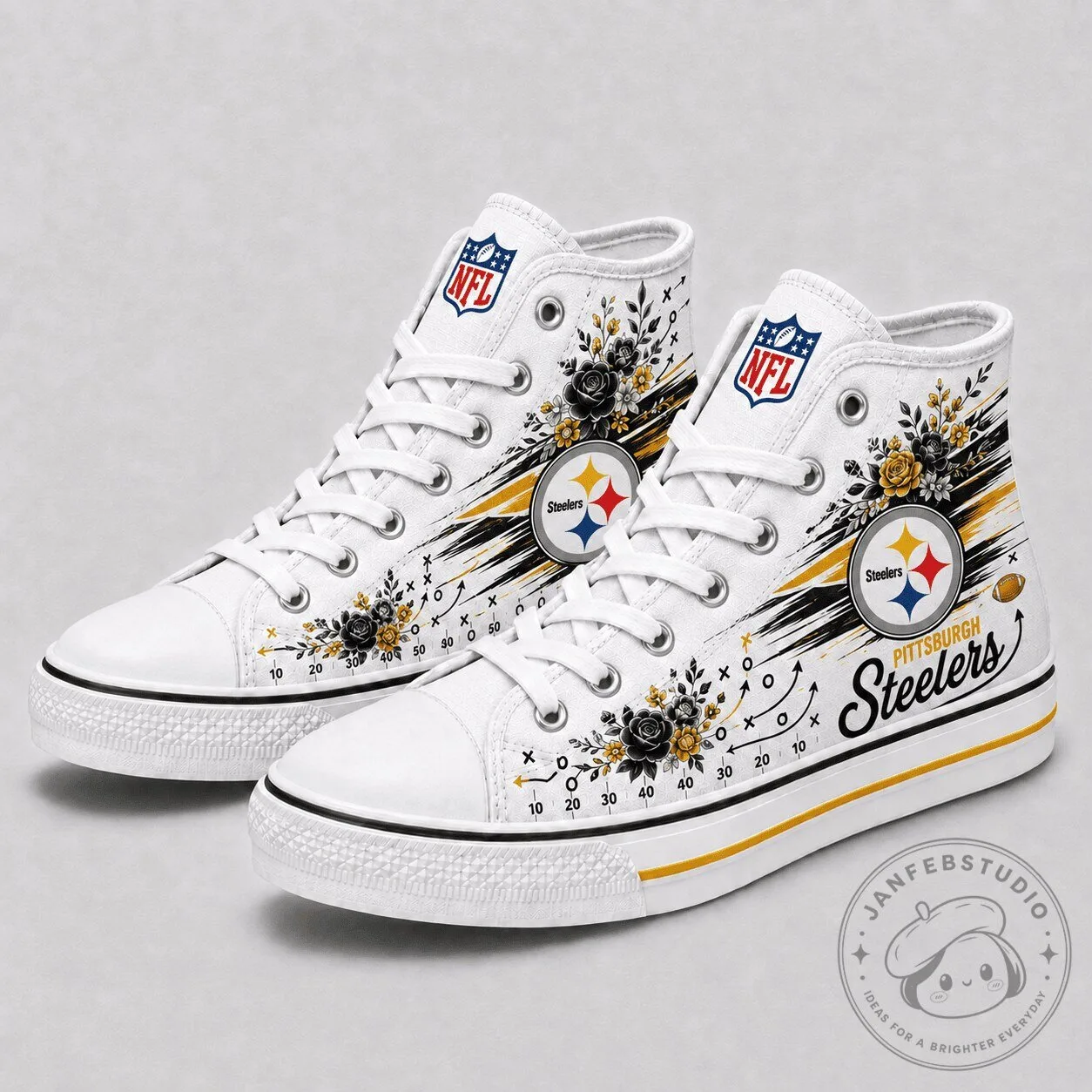 Pittsburgh Steelers NFL Football Team Floral Design High Top Canvas Shoes