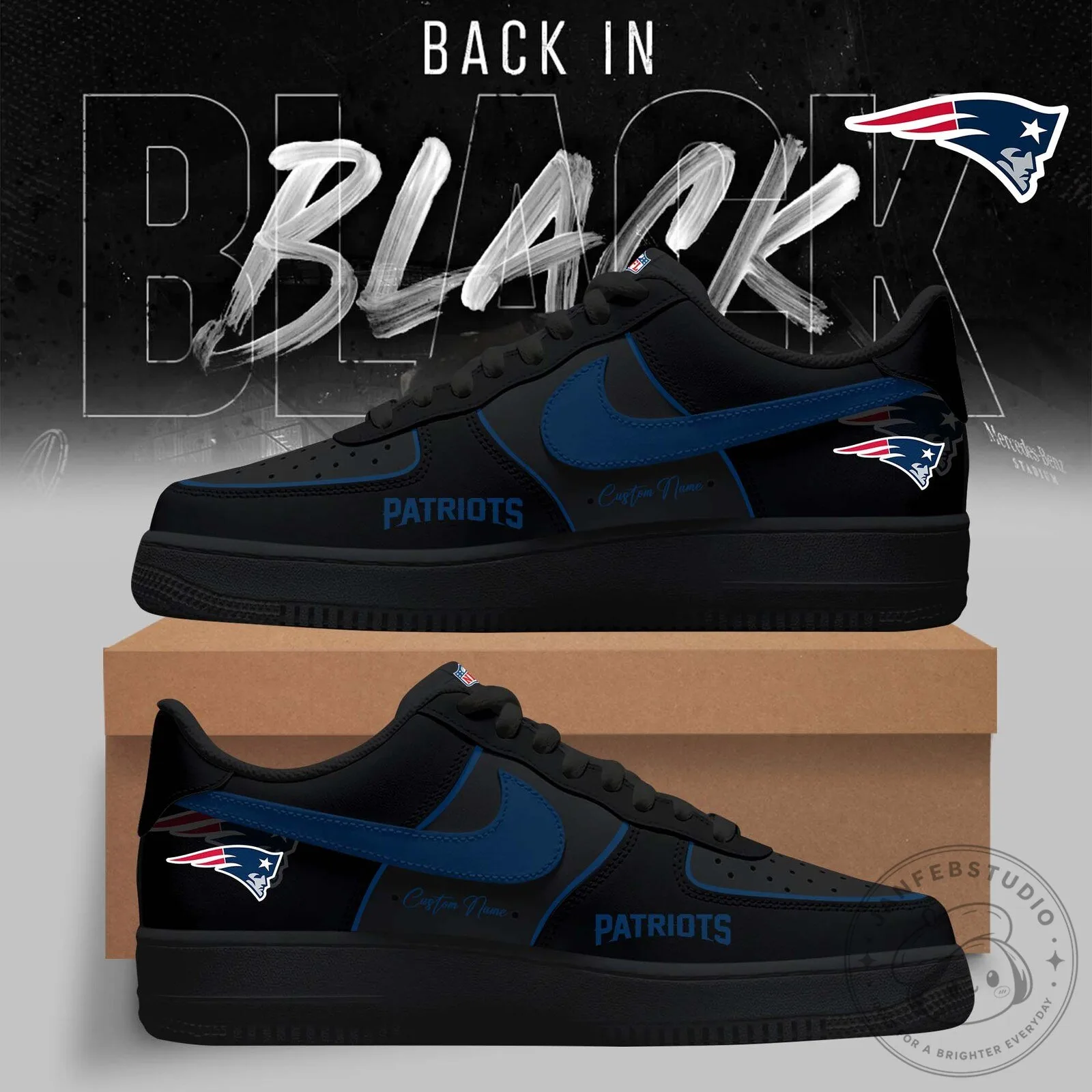 New England Patriots Black Custom Name Air Force 1 Style Shoes