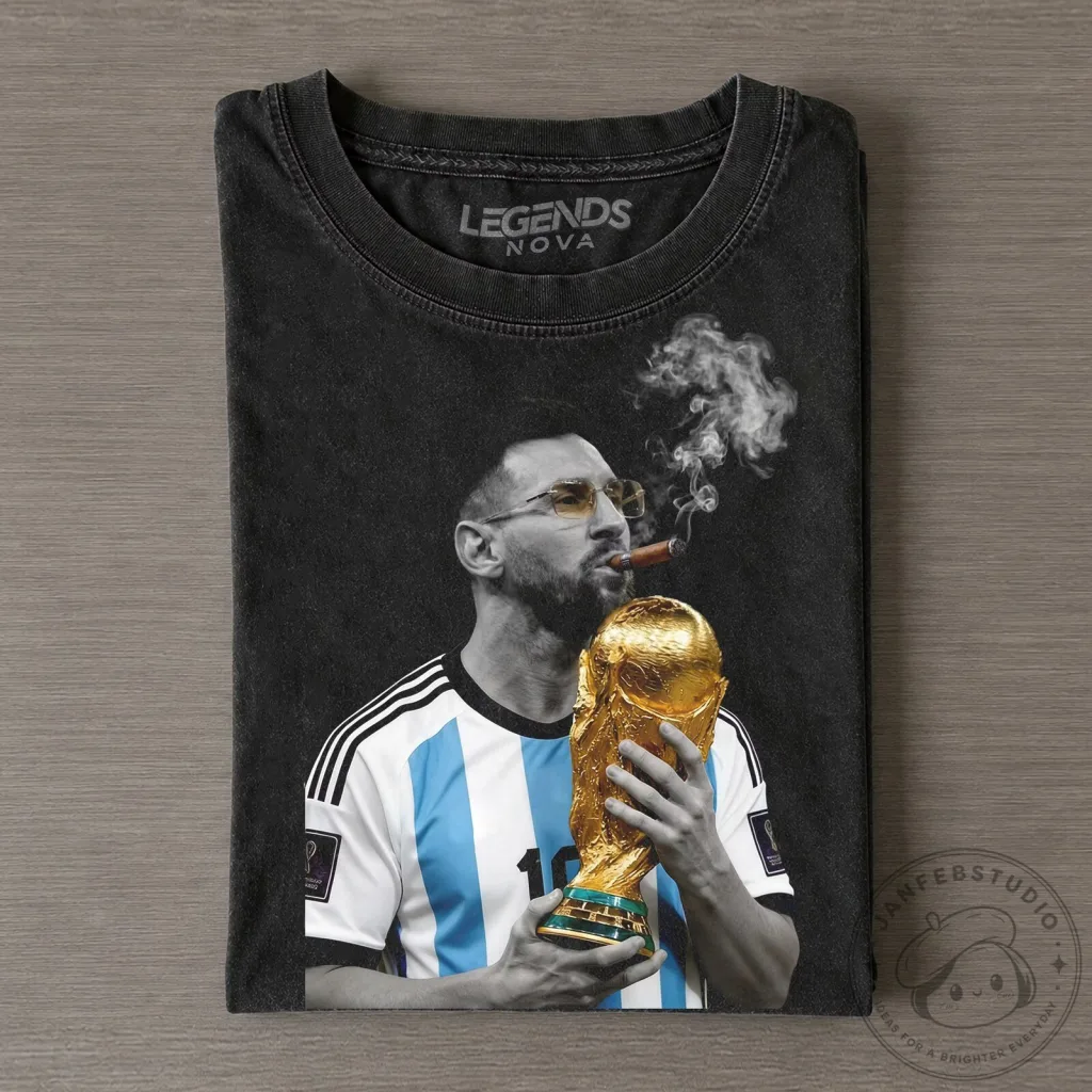 Lionel Messi World Cup Champion Smokes Cigar Black T-Shirt