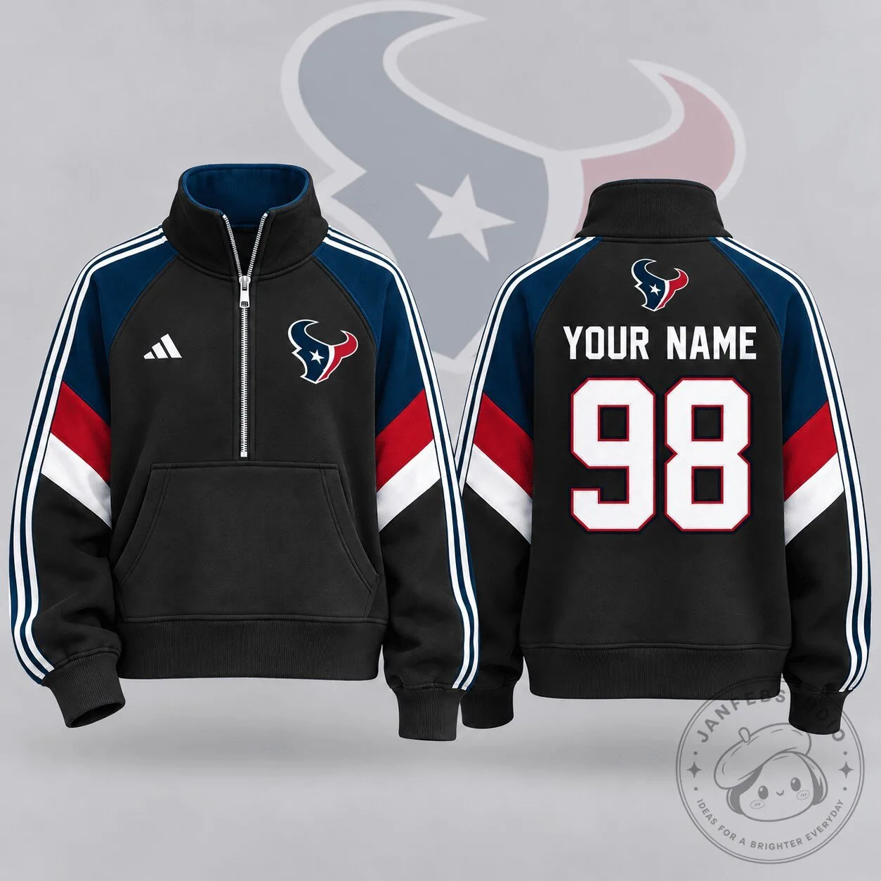 Houston Texans NFL Team Crest Custom Name Number Half Zip Pullover Sweatshirt