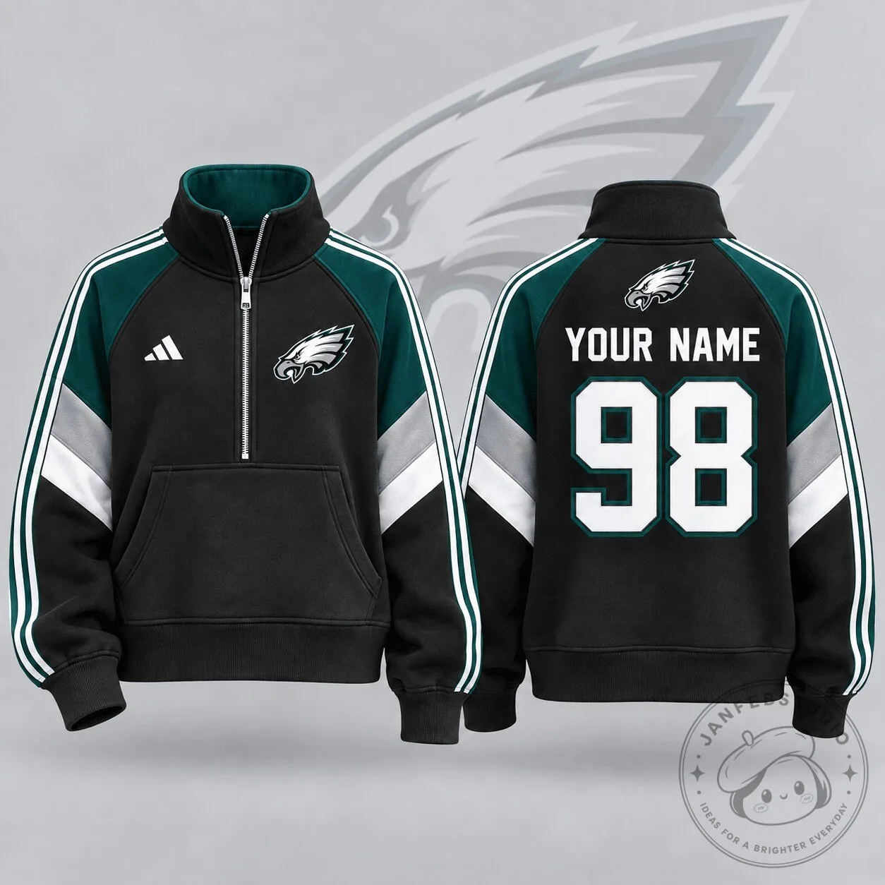 Philadelphia Eagles National Football League Team Crest Custom Name Number Quarter Zip Sweatshirt