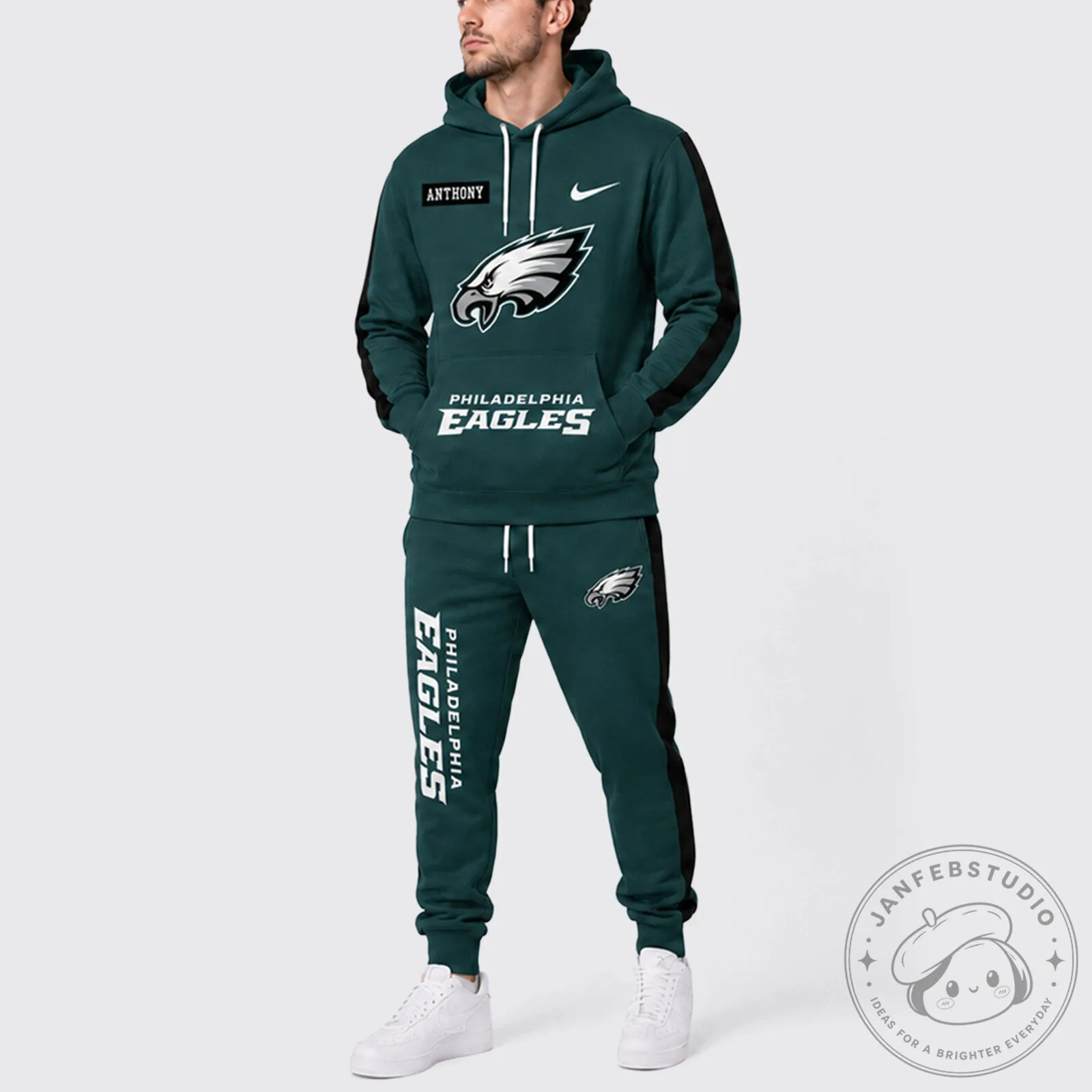 Philadelphia Eagles Dark Green Custom Name Logo Hoodie and Jogger Pants Set