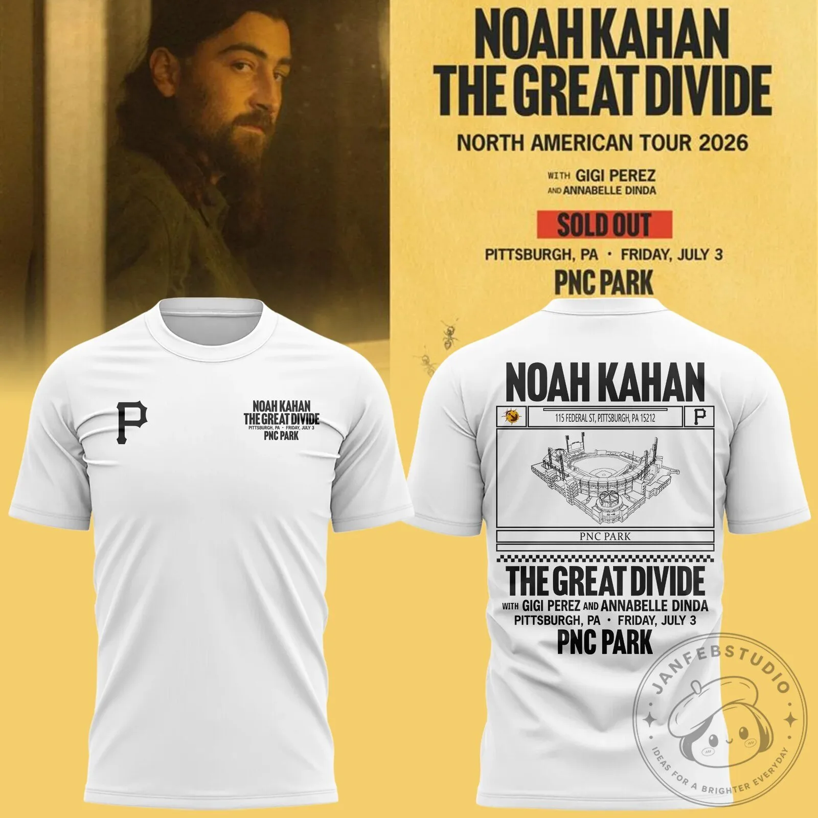 Noah Kahan The Great Divide Tour 2026 Pittsburgh PNC Park T-Shirt