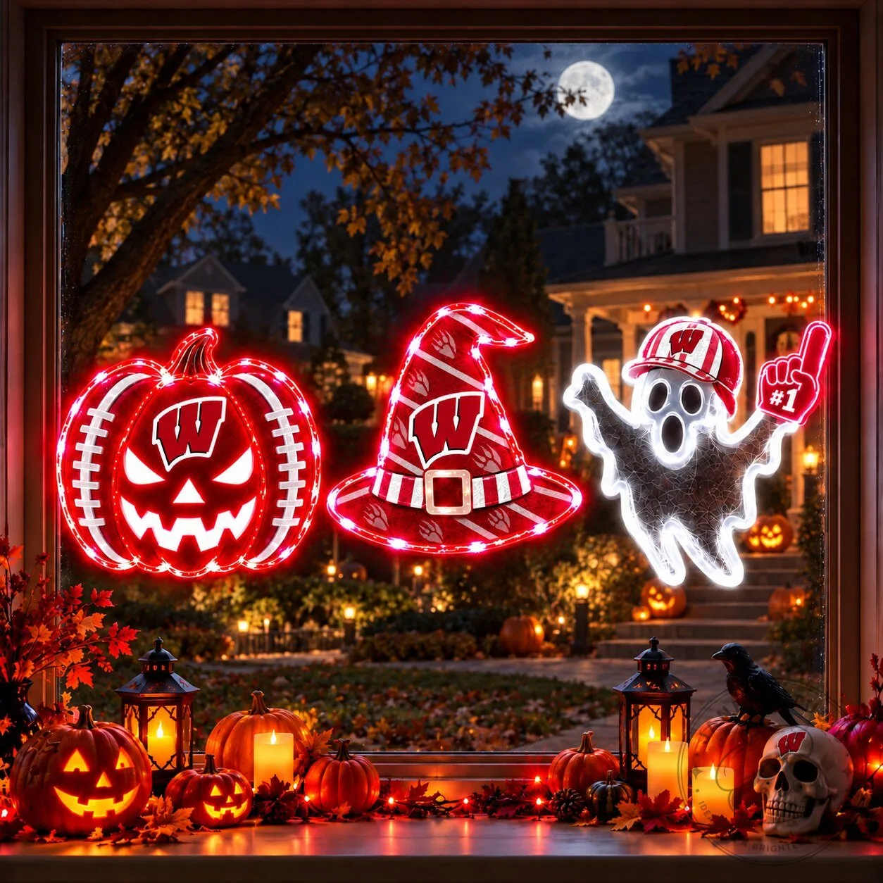 Wisconsin Badgers Halloween Pumpkin Witch Hat Ghost Window Lights