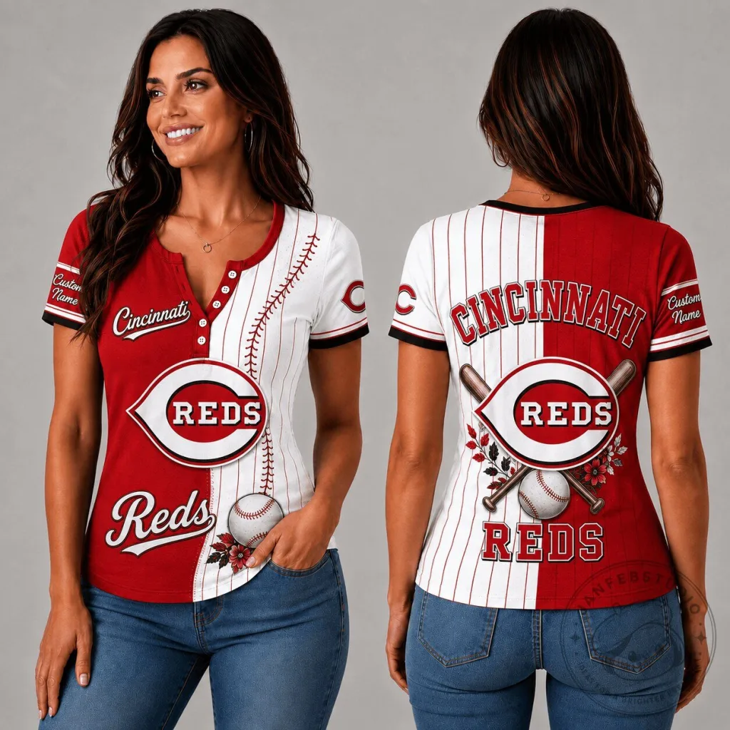 Cincinnati Reds MLB Fan Shirt Women's Personalized Baseball Button V-Neck T-Shirt