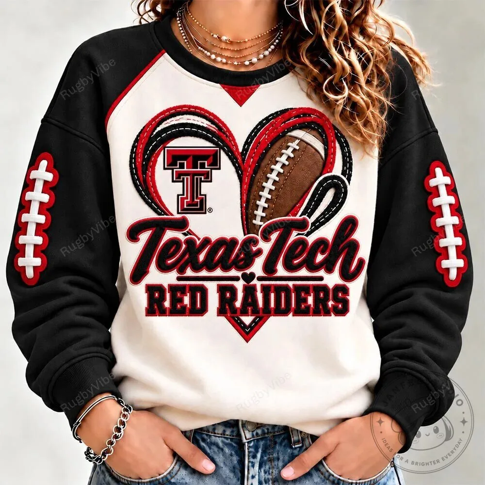 Texas Tech Red Raiders Football Heart Design Black and White Crewneck Sweatshirt