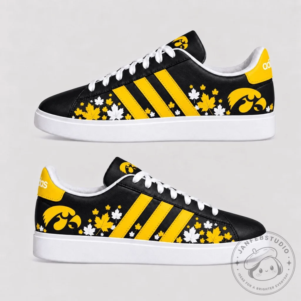 Iowa Hawkeyes Fall Season Black and Yellow Maple Leaf Sneakers