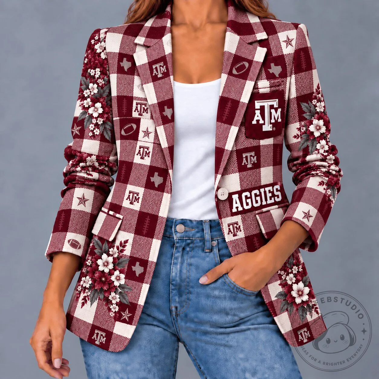 Texas A&M Aggies Football Floral Plaid Women's Blazer Jacket