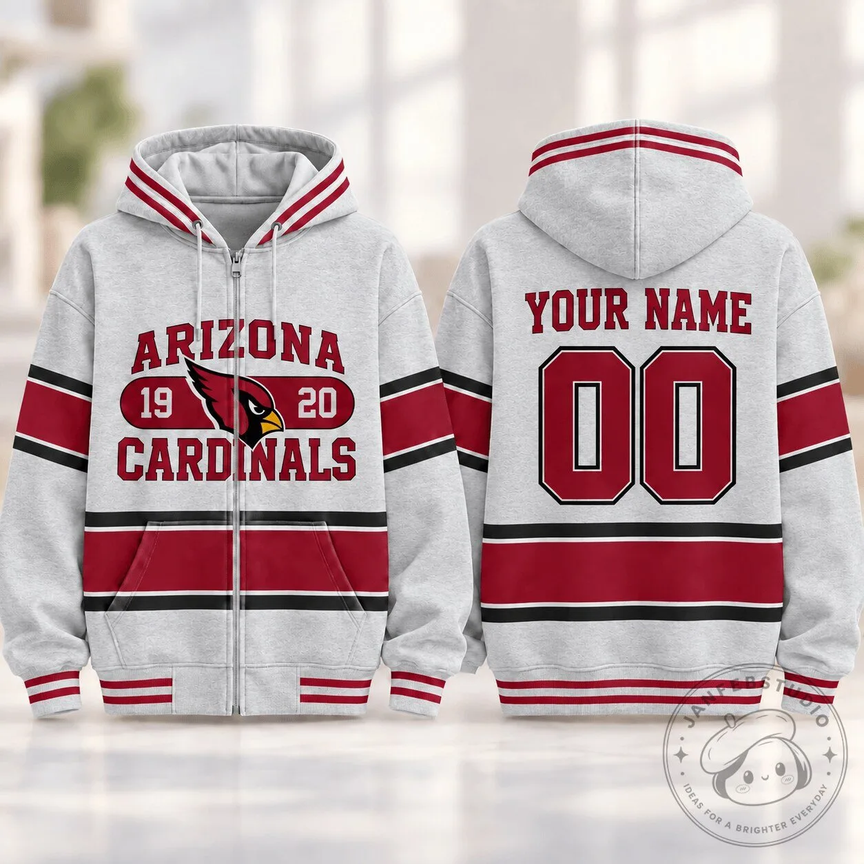 Arizona Cardinals Custom Number and Name Varsity Stripe Full-Zip Hoodie