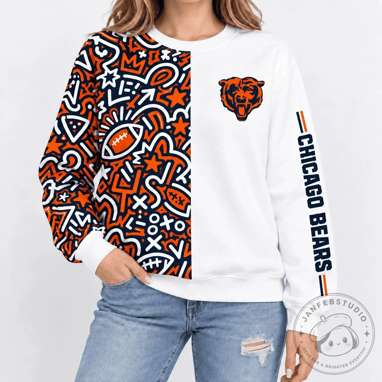 Chicago Bears NFL Football Team Pop Art Doodle Pattern White Crewneck Sweatshirt