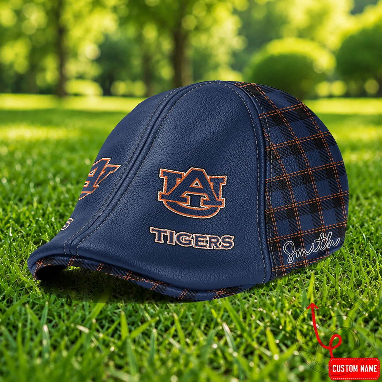 Auburn Tigers NCAA Personalized Navy Blue Plaid Ivy Flat Cap Hat