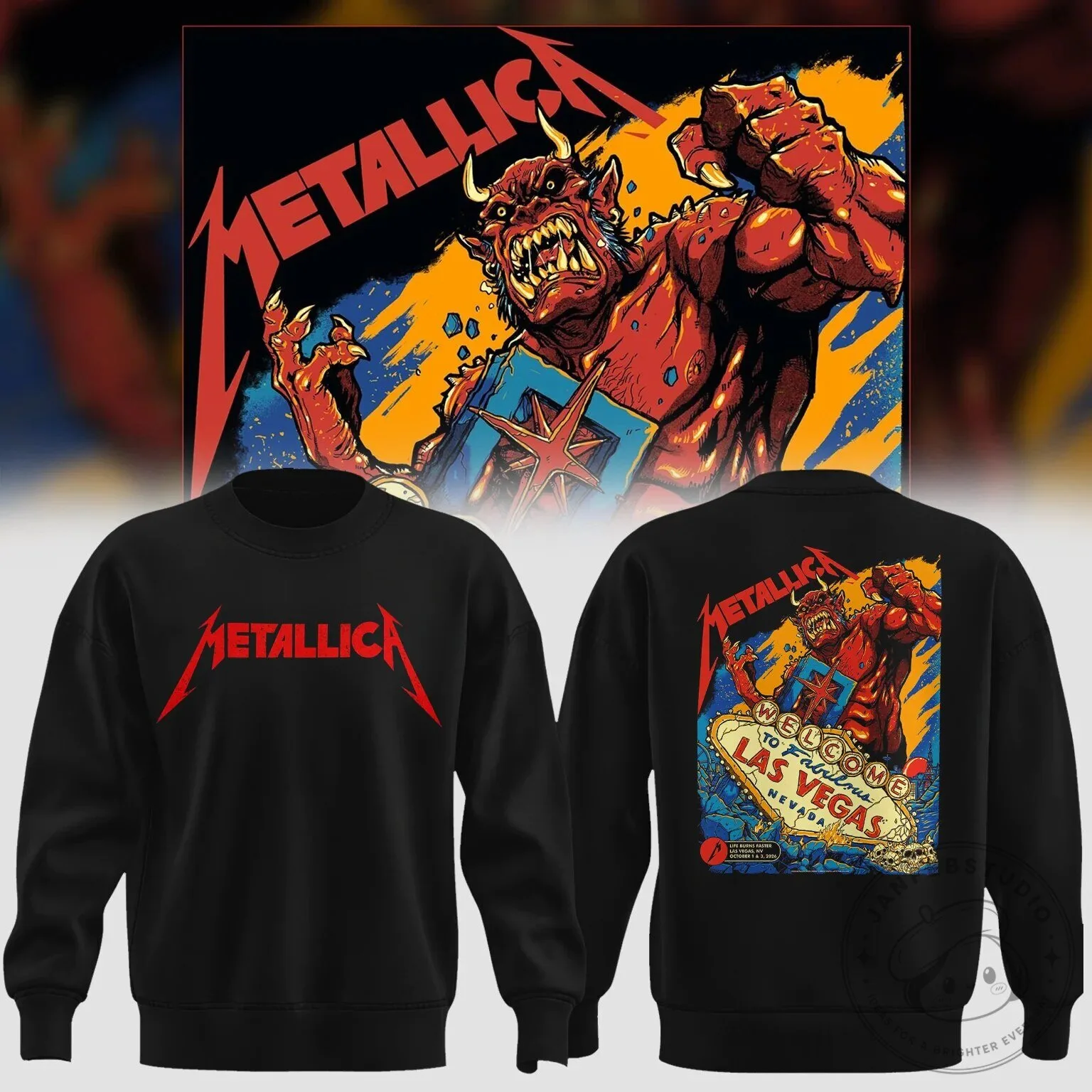Metallica Life Burns Faster Las Vegas 2026 Concert Tour Black Crewneck Sweatshirt