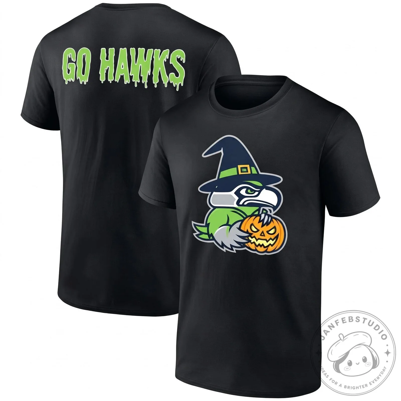 Seattle Seahawks Halloween Witch Mascot Holding Pumpkin Black T-Shirt