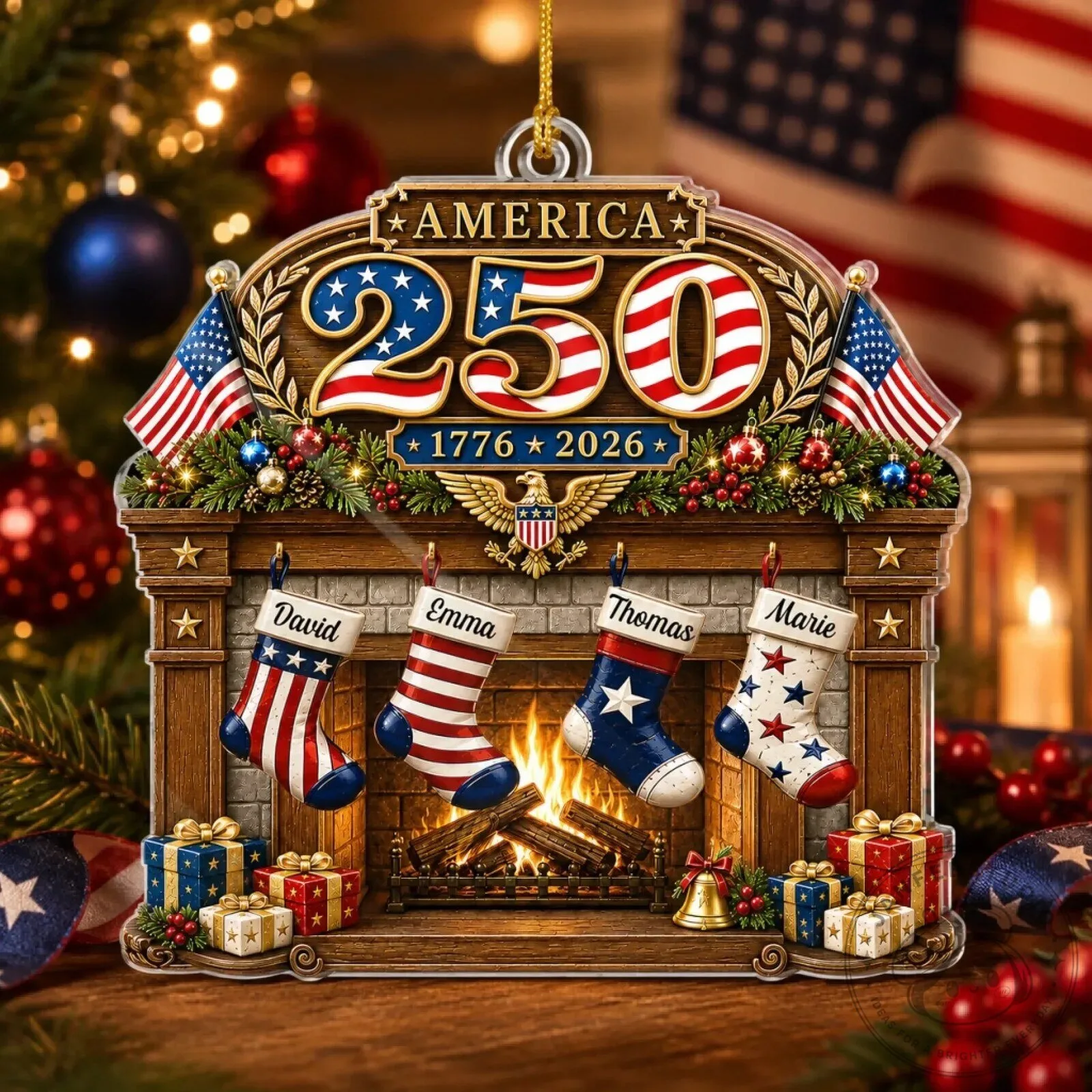 America 250th Anniversary 1776-2026 Personalized Fireplace Christmas Ornament