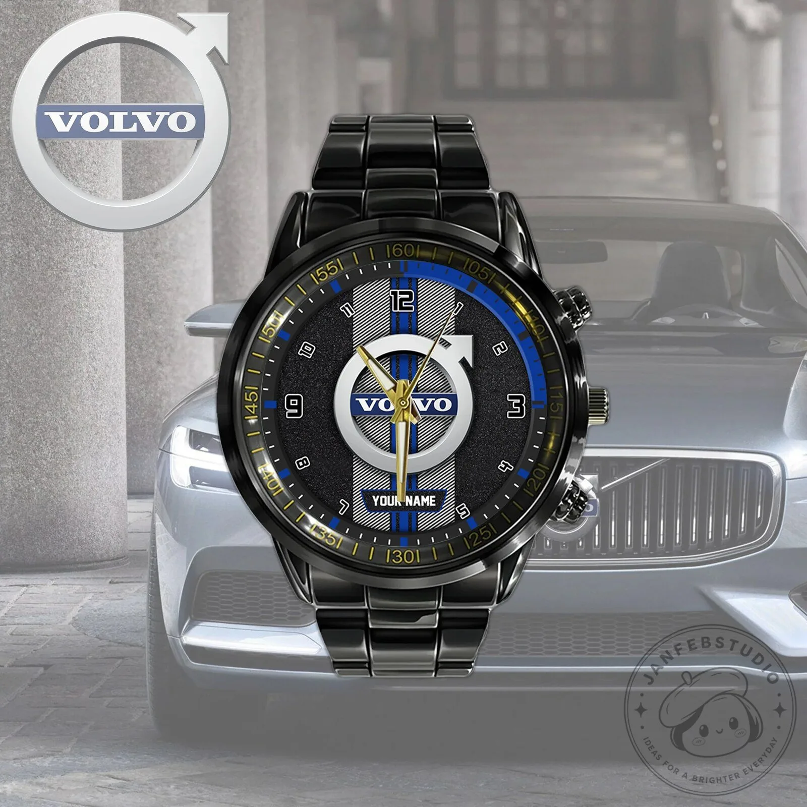 Personalized Volvo Car Logo Black Stainless Steel Wristwatch