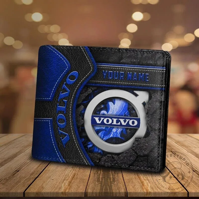 Volvo Car Logo Blue and Black Leather Bi-Fold Wallet with Custom Name