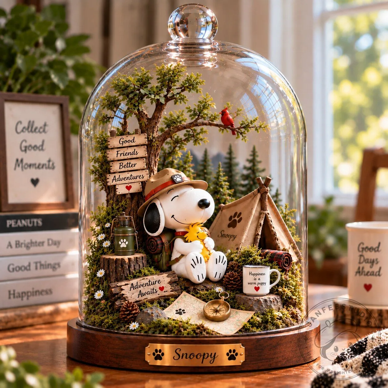 Snoopy Peanuts Camping Adventure Glass Dome Figurine with LED Lights