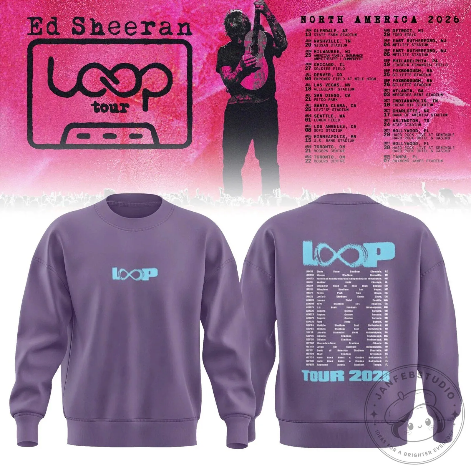 Ed Sheeran Loop Tour 2026 North America Concert Dates Purple Sweatshirt
