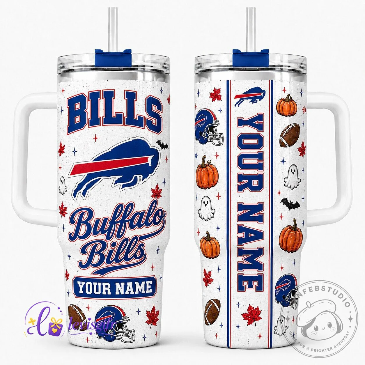 Buffalo Bills Halloween Personalized Football Tumbler with Handle and Straw