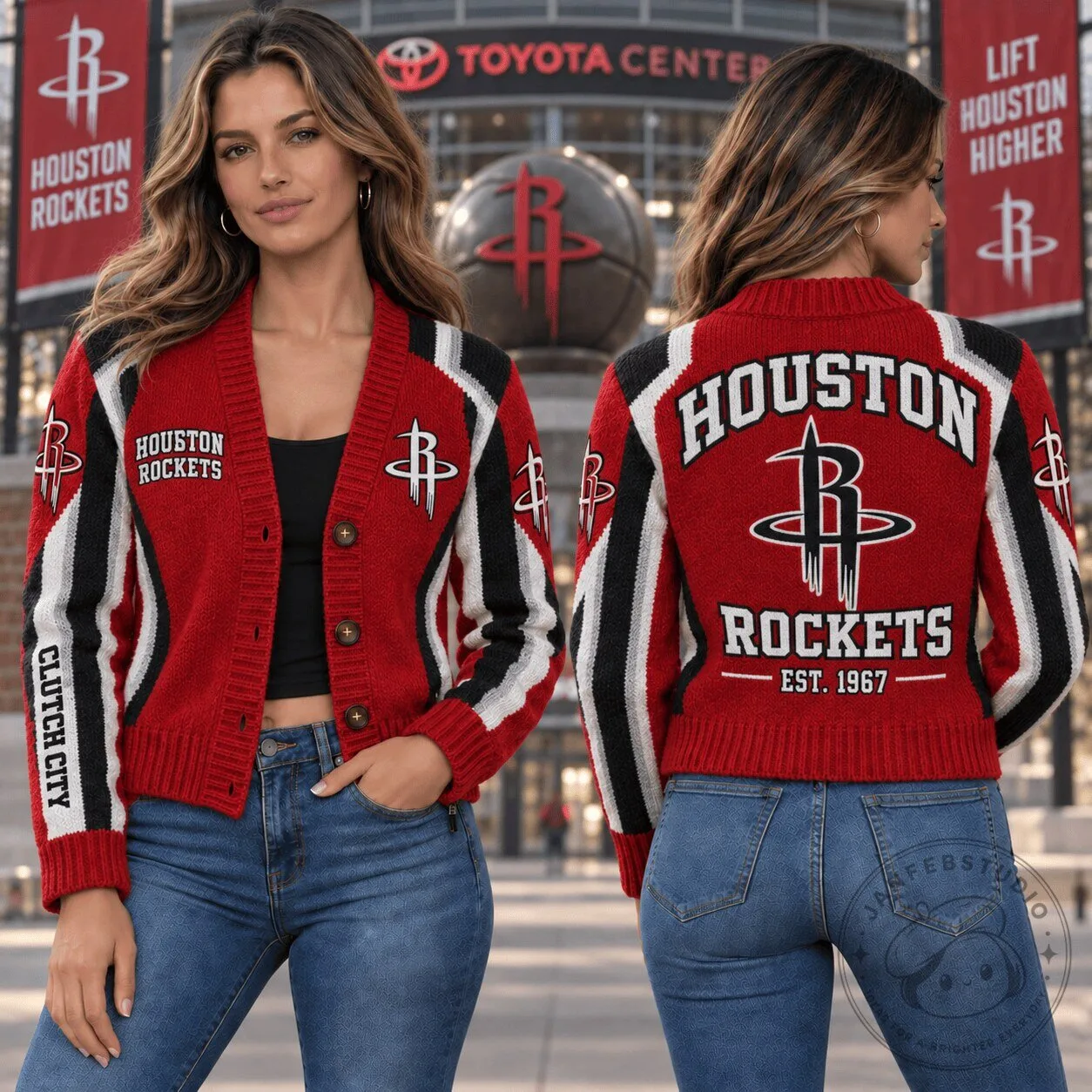 Houston Rockets NBA Basketball Team Red Black White Cardigan Jacket