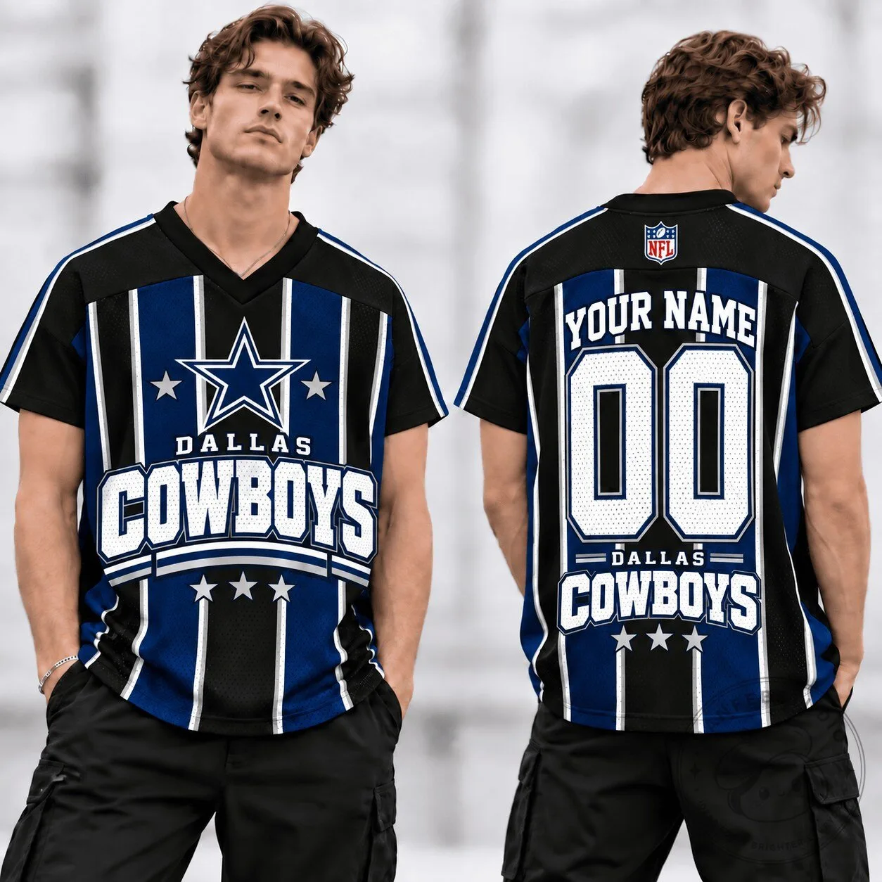 Dallas Cowboys Personalized NFL Football Team Blue and Black Striped V-Neck Jersey