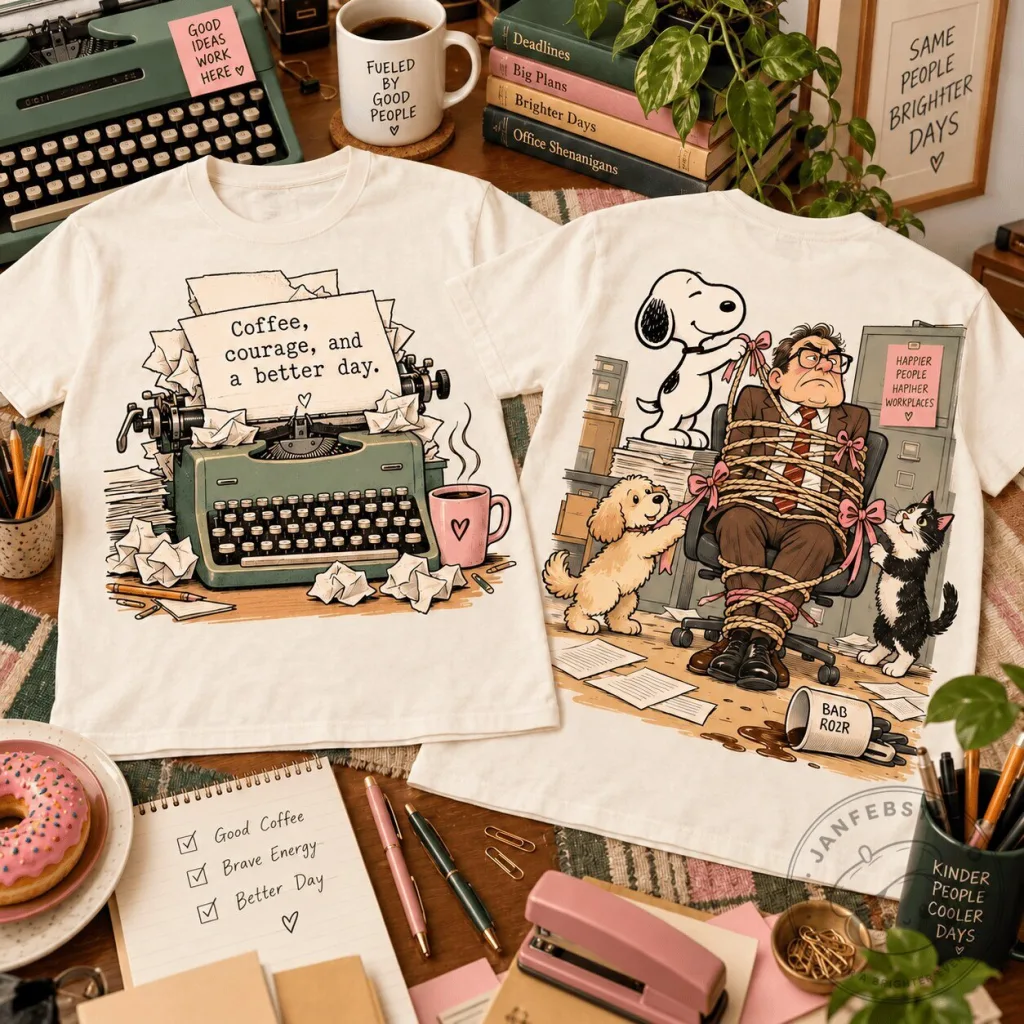 Snoopy Office Chaos Comedy Cartoon Graphic T-Shirt
