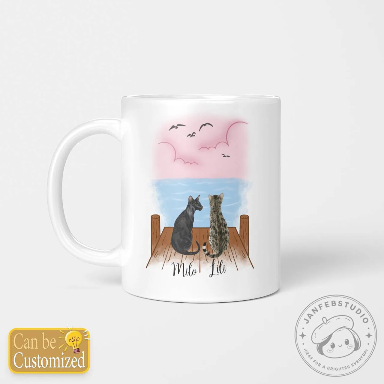 Personalized Two Cats on Dock Watching Sunset Coffee Mug