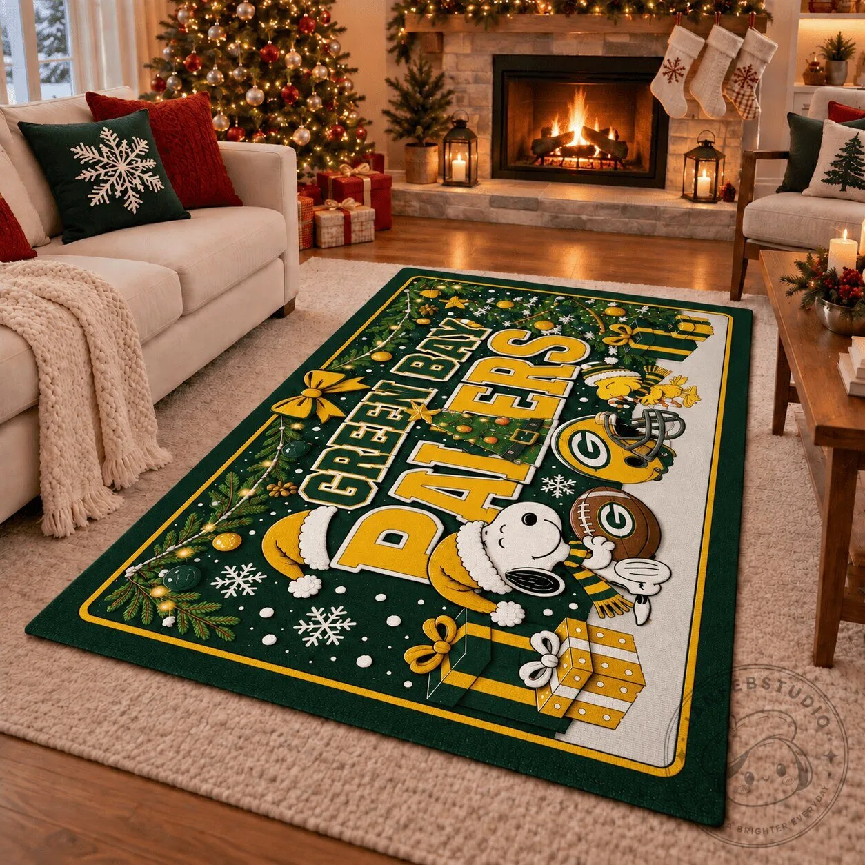 Green Bay Packers Snoopy Christmas Holiday Area Rug
