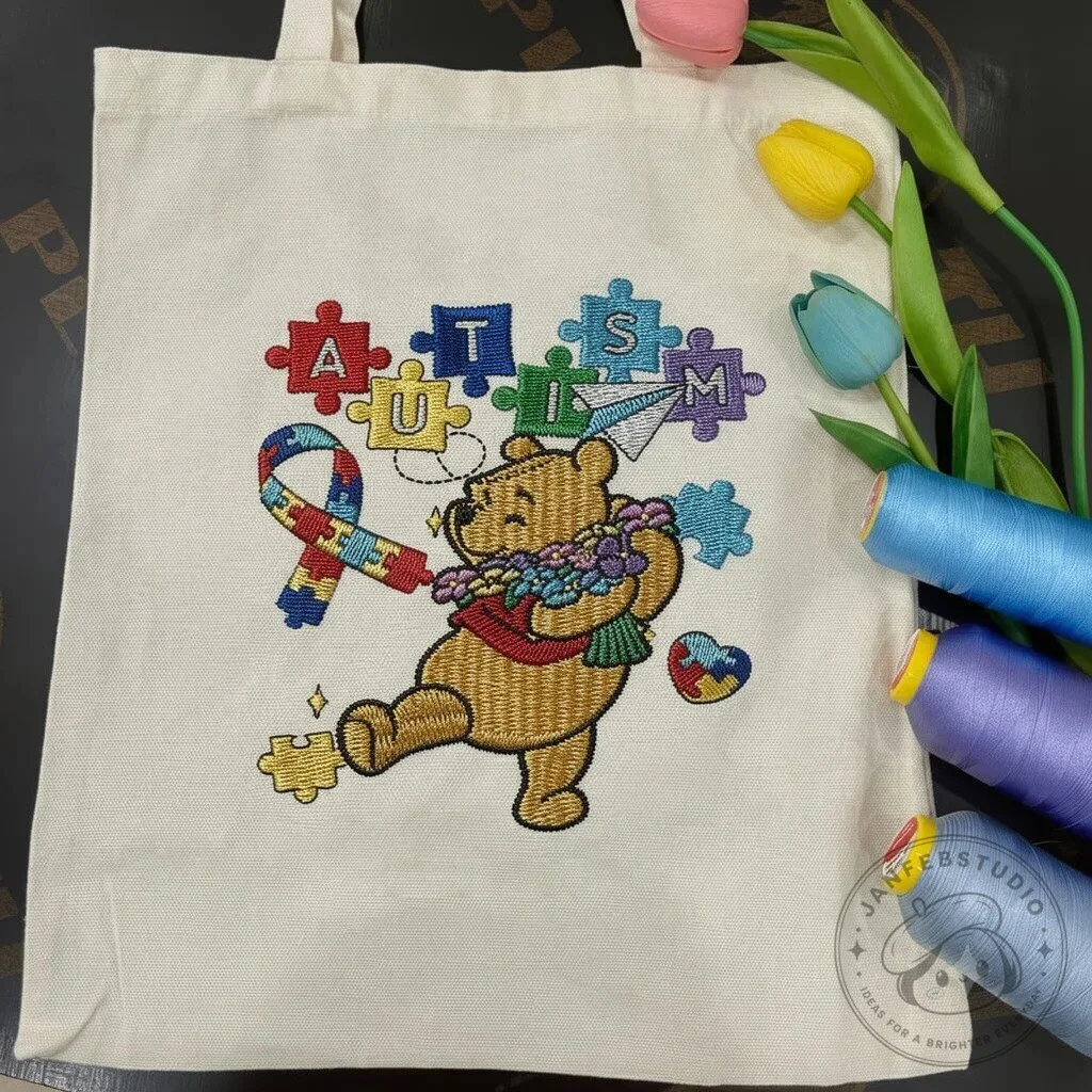 Winnie the Pooh Autism Awareness Embroidered Canvas Tote Bag