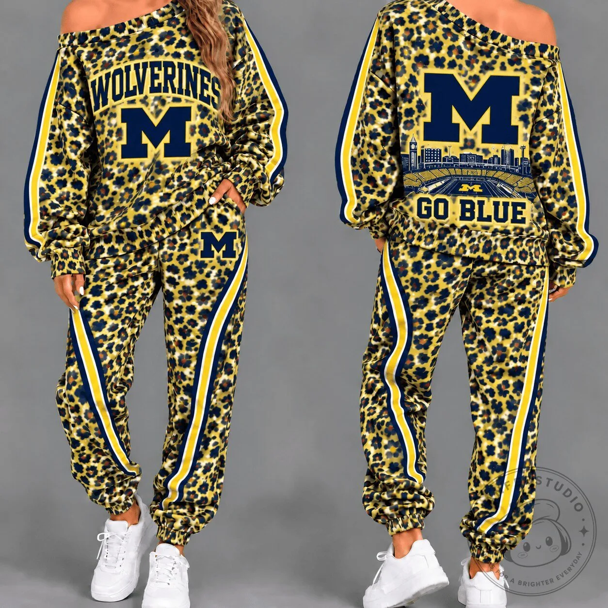 Michigan Wolverines Leopard Print Off Shoulder Tracksuit Set for Women