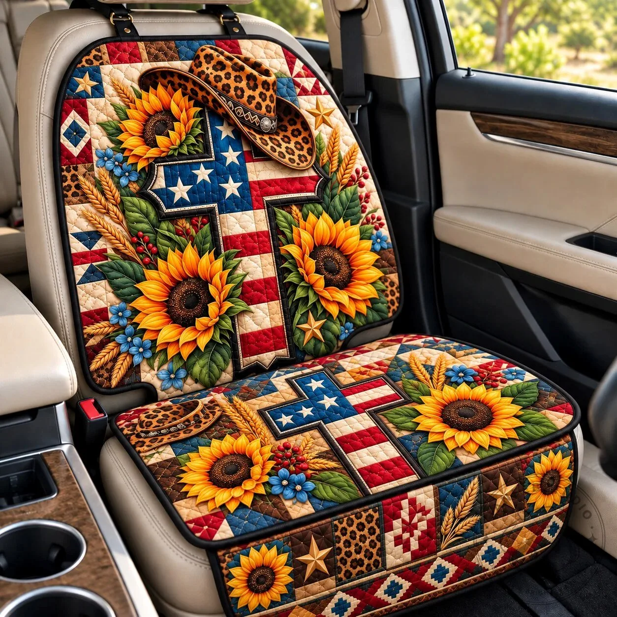 Patriotic Cowgirl Sunflowers Quilted Car Seat Protector Cover