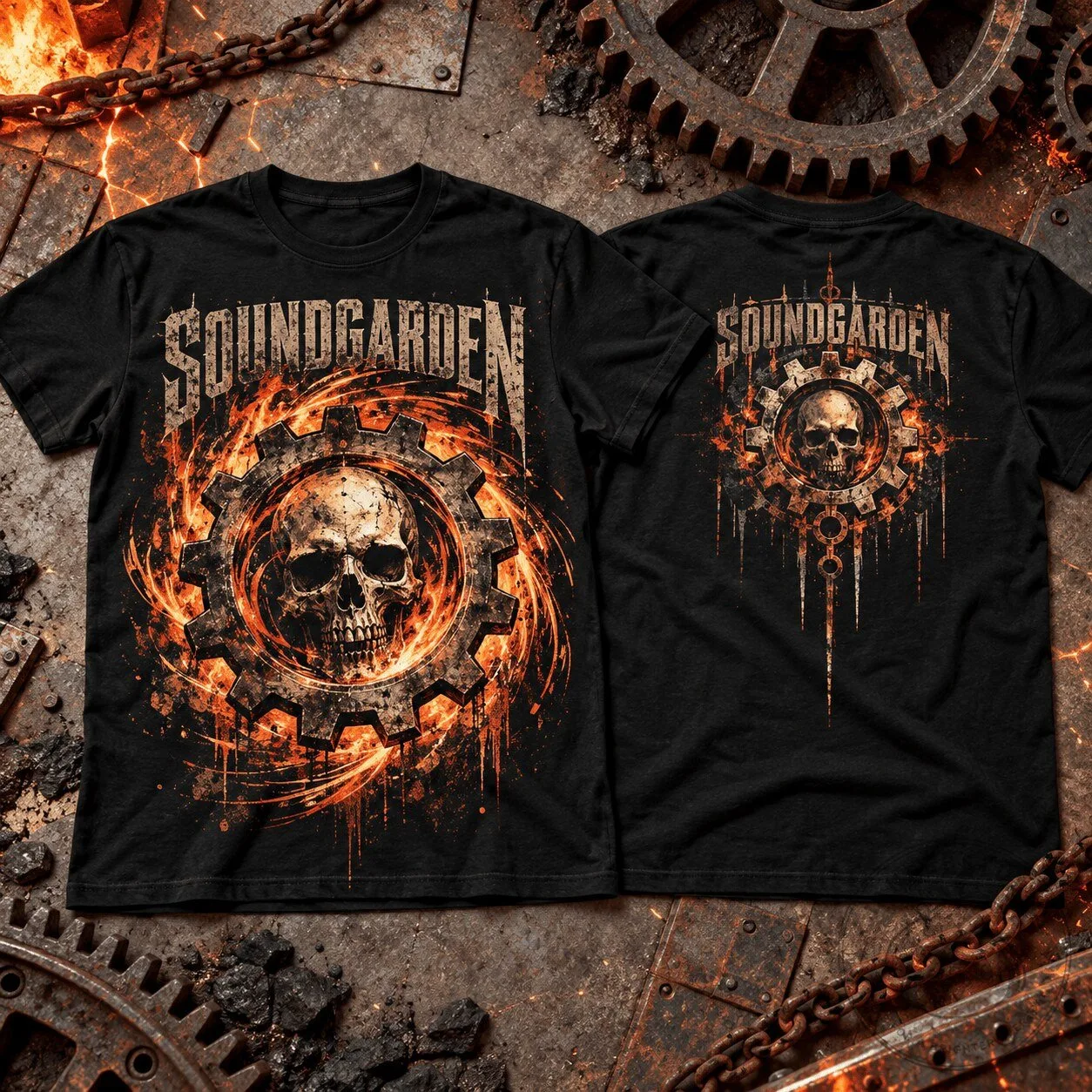 Soundgarden Burning Gear Skull Graphic Black Grunge Rock Band T-Shirt