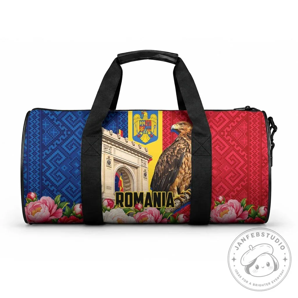 Romania Flag Eagle Arcul de Triumf Peony Floral Pattern Duffle Bag