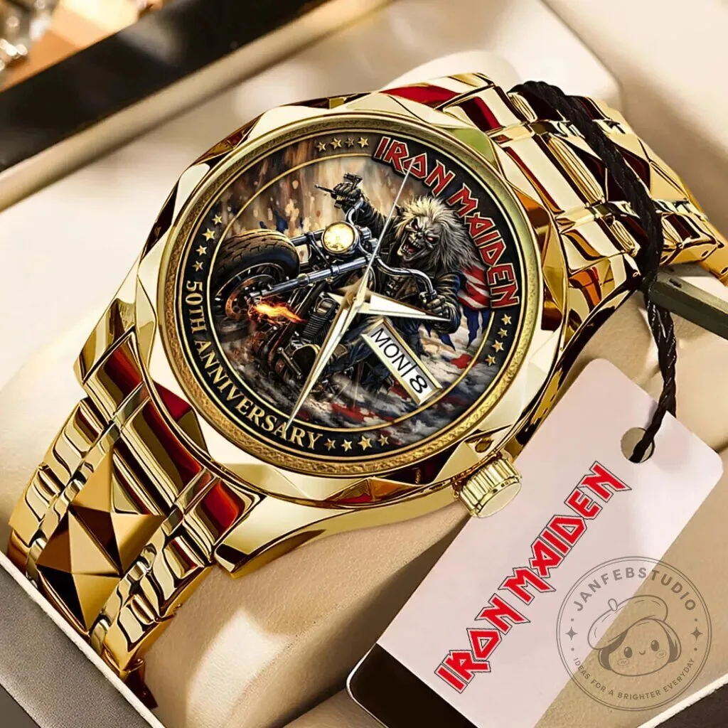 Iron Maiden 50th Anniversary Eddie the Head Motorcycle Gold Luxury Watch