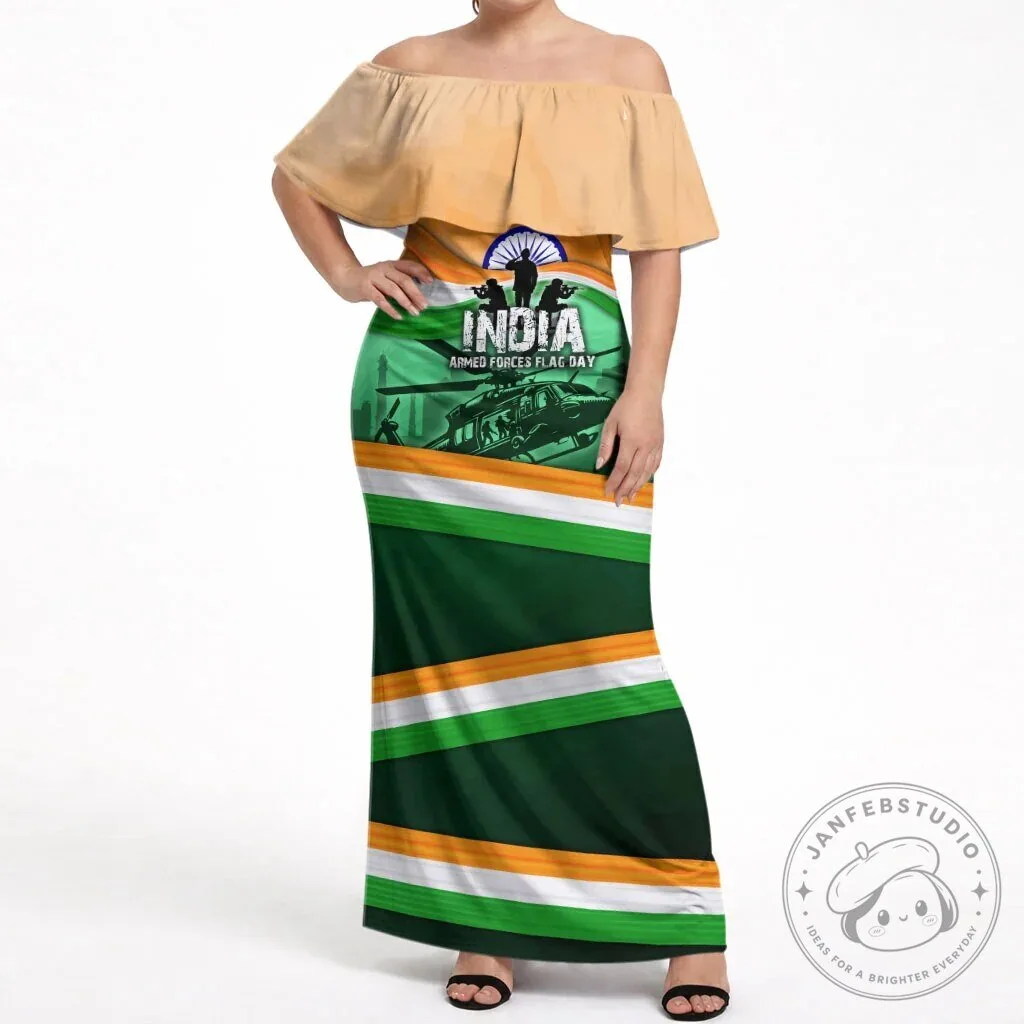 India Armed Forces Flag Day Off Shoulder Maxi Dress Patriotic Indian Military