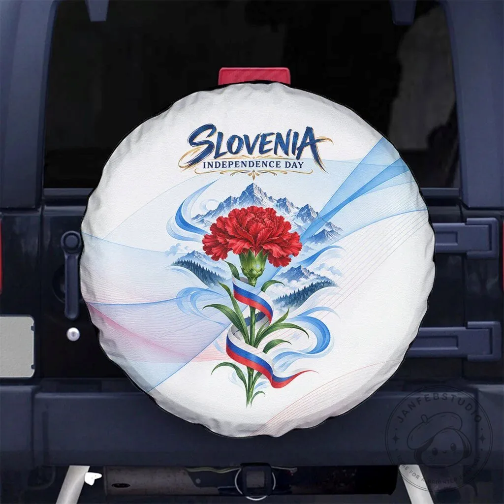 Slovenia Independence Day Red Carnation Flower Mount Triglav Flag Tire Cover
