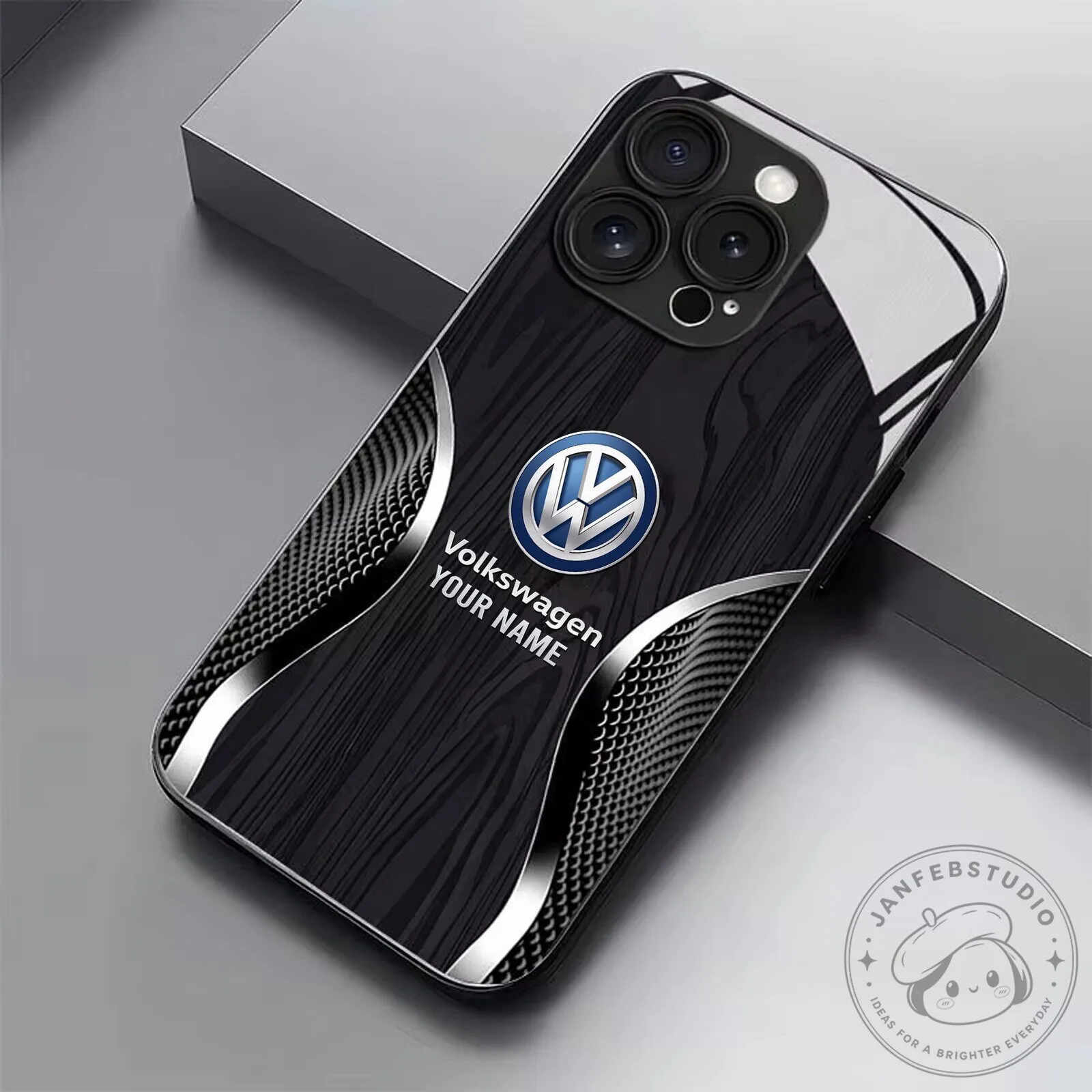 Volkswagen Custom Name Black Wood Grain Design Shockproof Phone Case