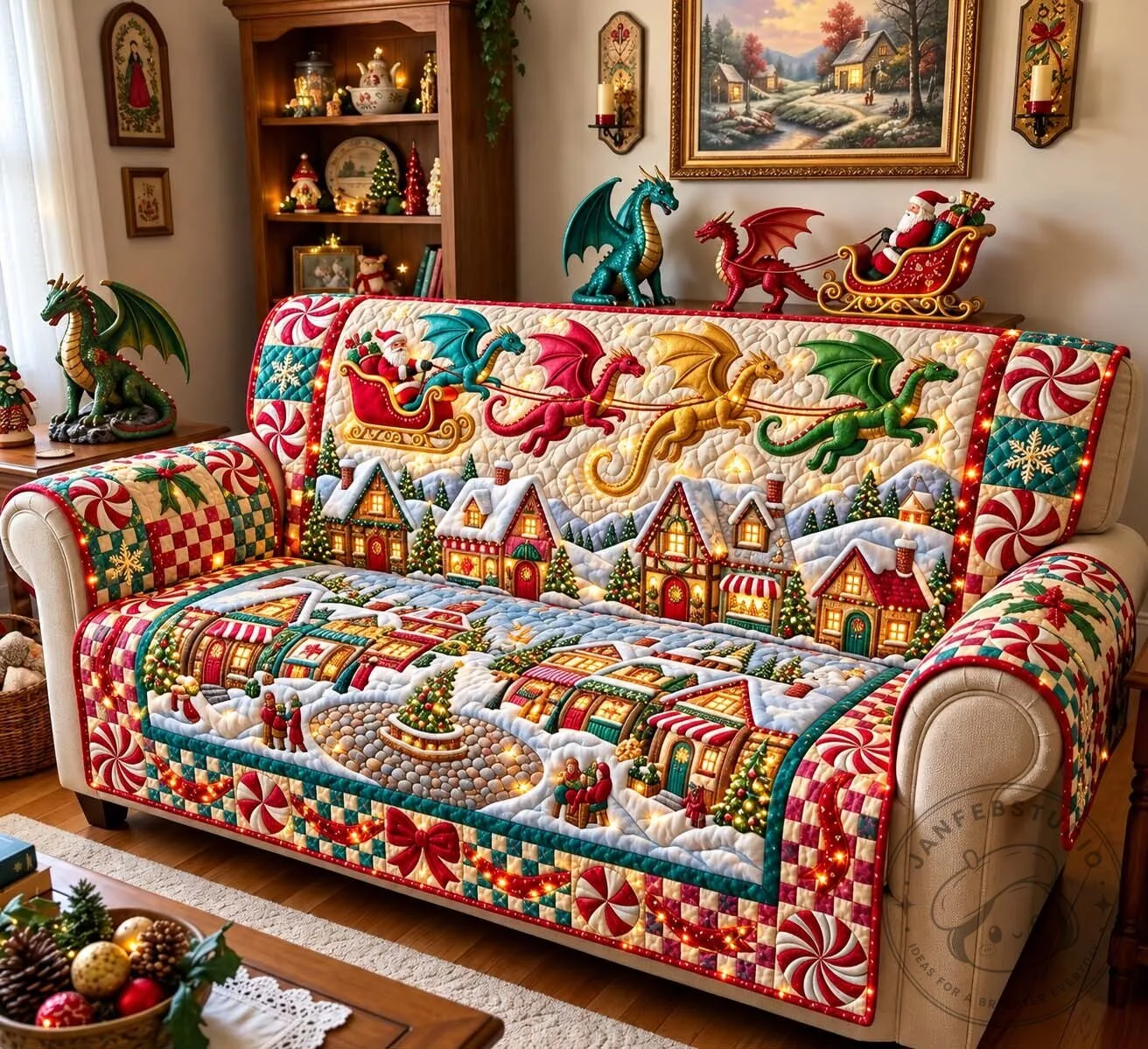 Christmas Dragon Village Quilted Sofa Cover with Santa Sleigh and Candy Cane Trim