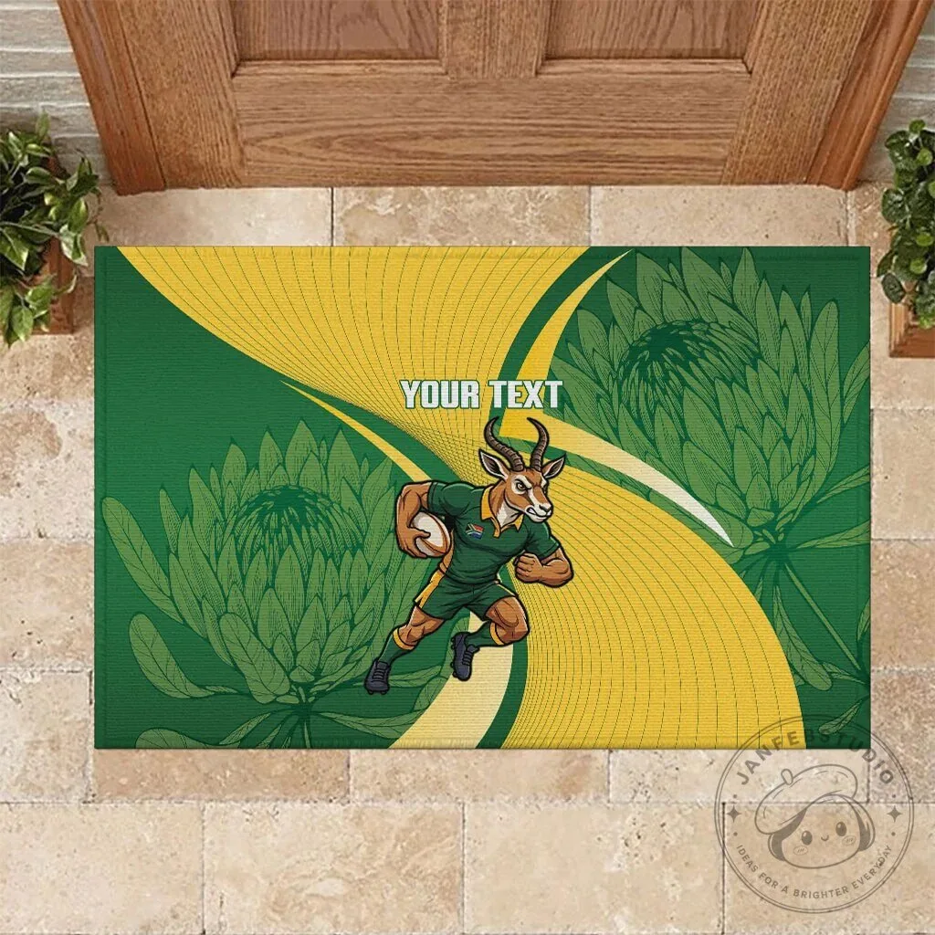 South Africa Rugby Springboks Mascot Custom Text Green Yellow Doormat