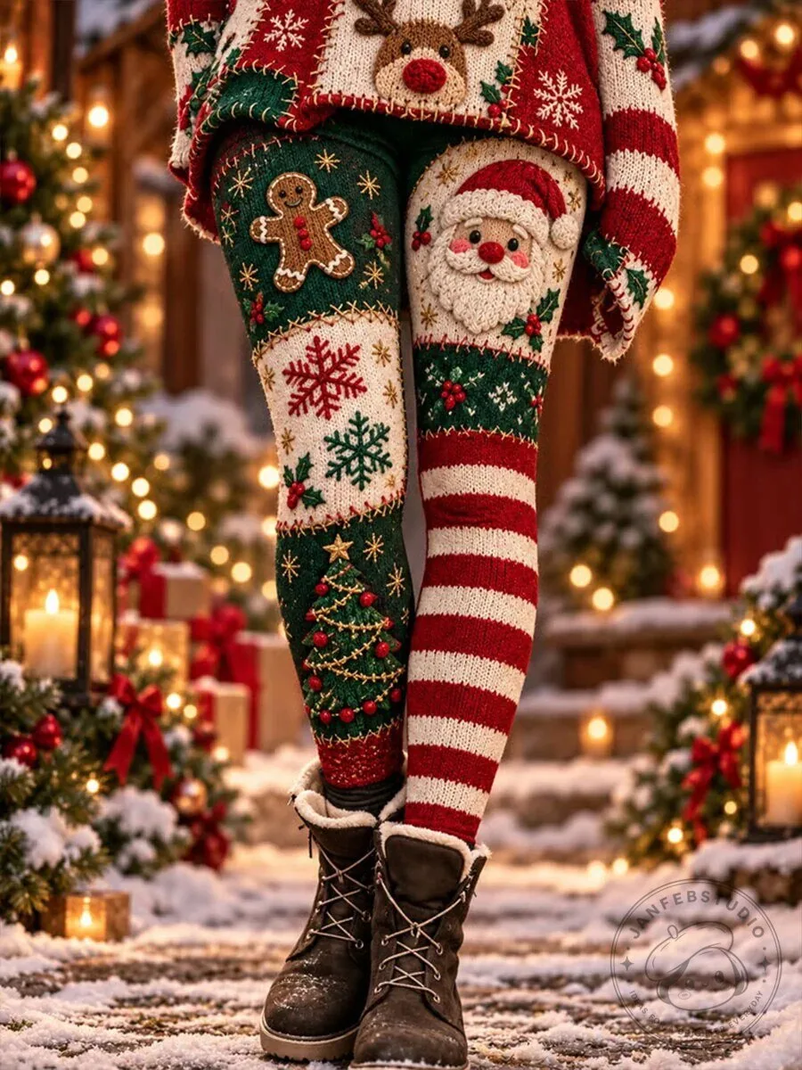 Christmas Santa Gingerbread Man Snowflake Knit Pattern Leggings