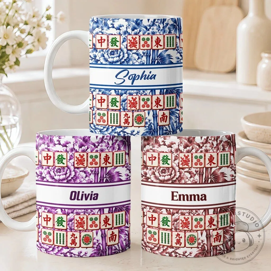 Personalized Mahjong Tiles Pattern Blue and White Floral Ceramic Mug