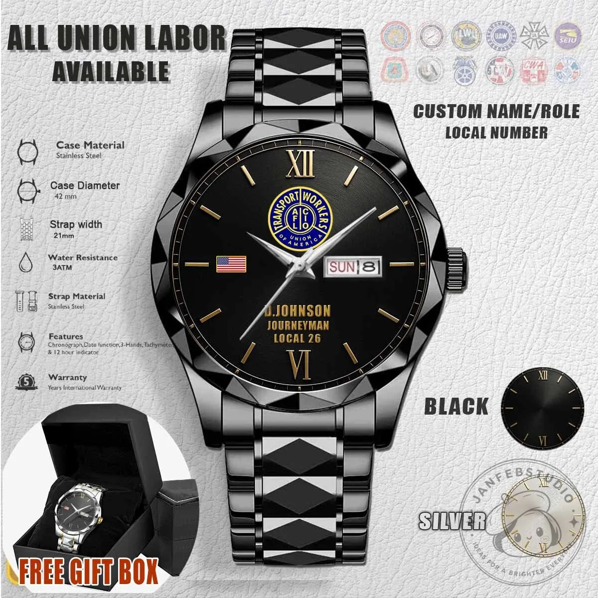 Transport Workers Union of America Custom Engraved Stainless Steel Watch