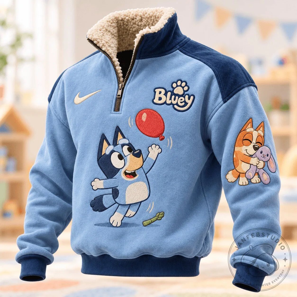 Bluey And Bingo Embroidered Sherpa Collar Quarter Zip Pullover Sweatshirt