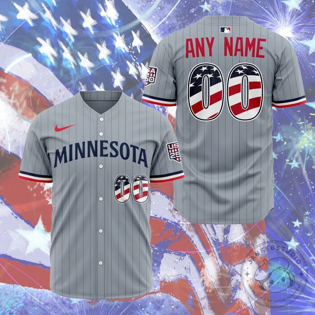 Minnesota Twins Personalized Gray Stars and Stripes 4th of July Baseball Jersey