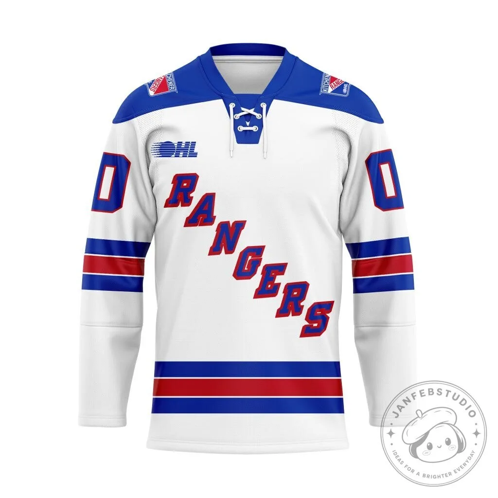 Kitchener Rangers Personalized White and Blue Hockey Jersey