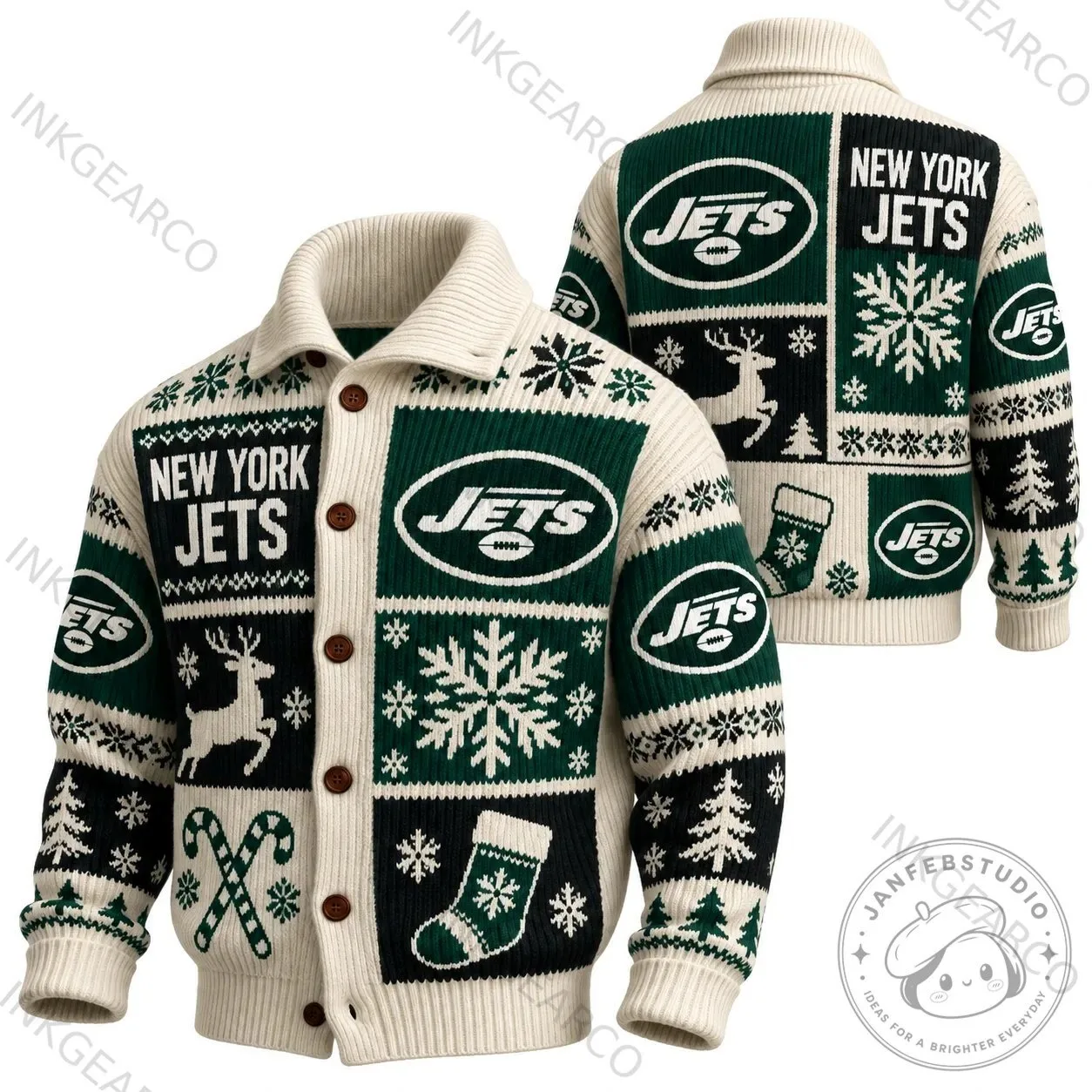 New York Jets Christmas Holiday Snowflake Reindeer Ugly Sweater Cardigan