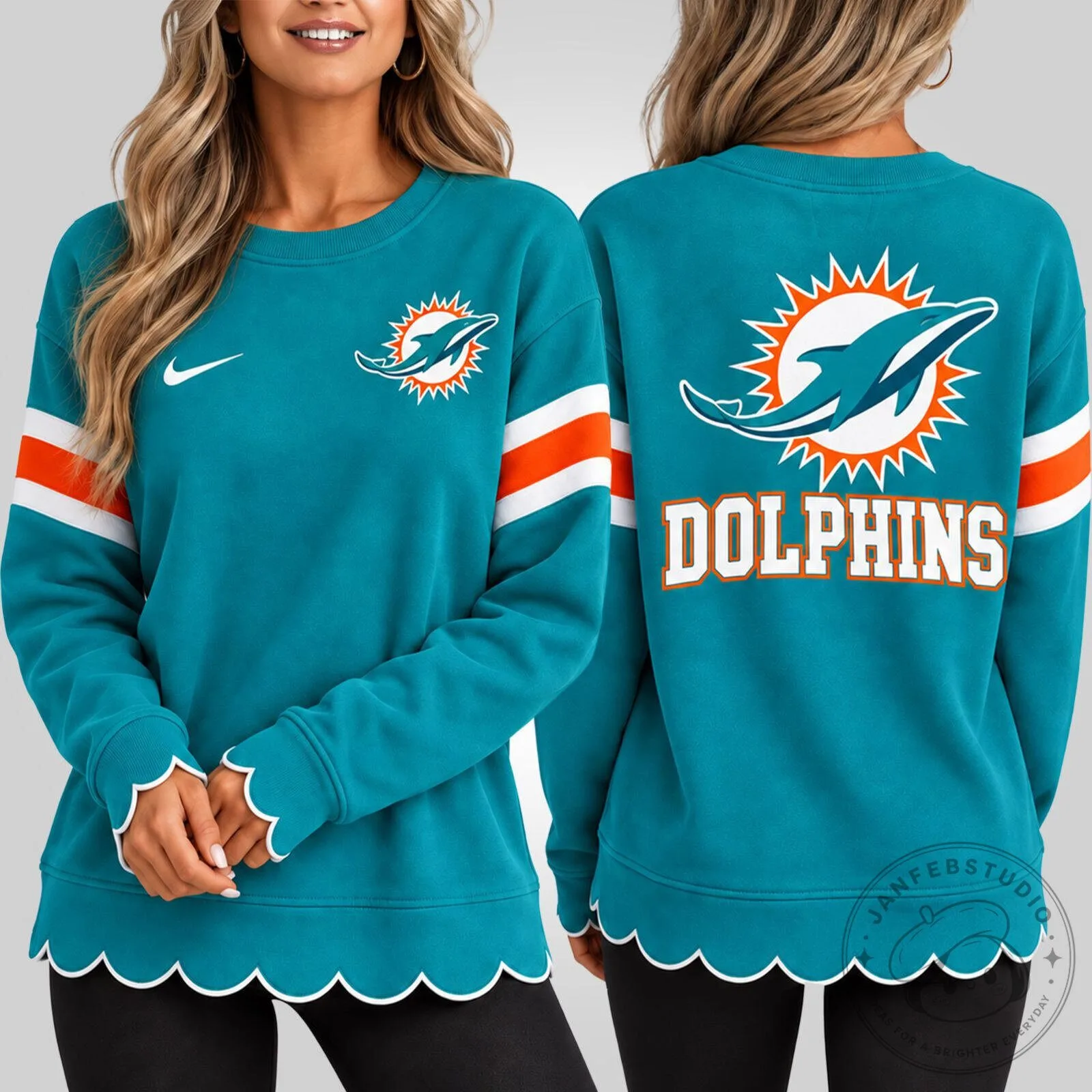 Miami Dolphins NFL Women's Scalloped Hem Graphic Crewneck Sweatshirt