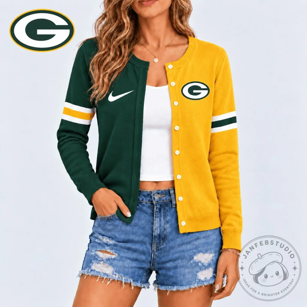 Green Bay Packers Split Color Block Button Up Cardigan Sweater Green Bay Packers Split Color Block Button Up Cardigan Sweater